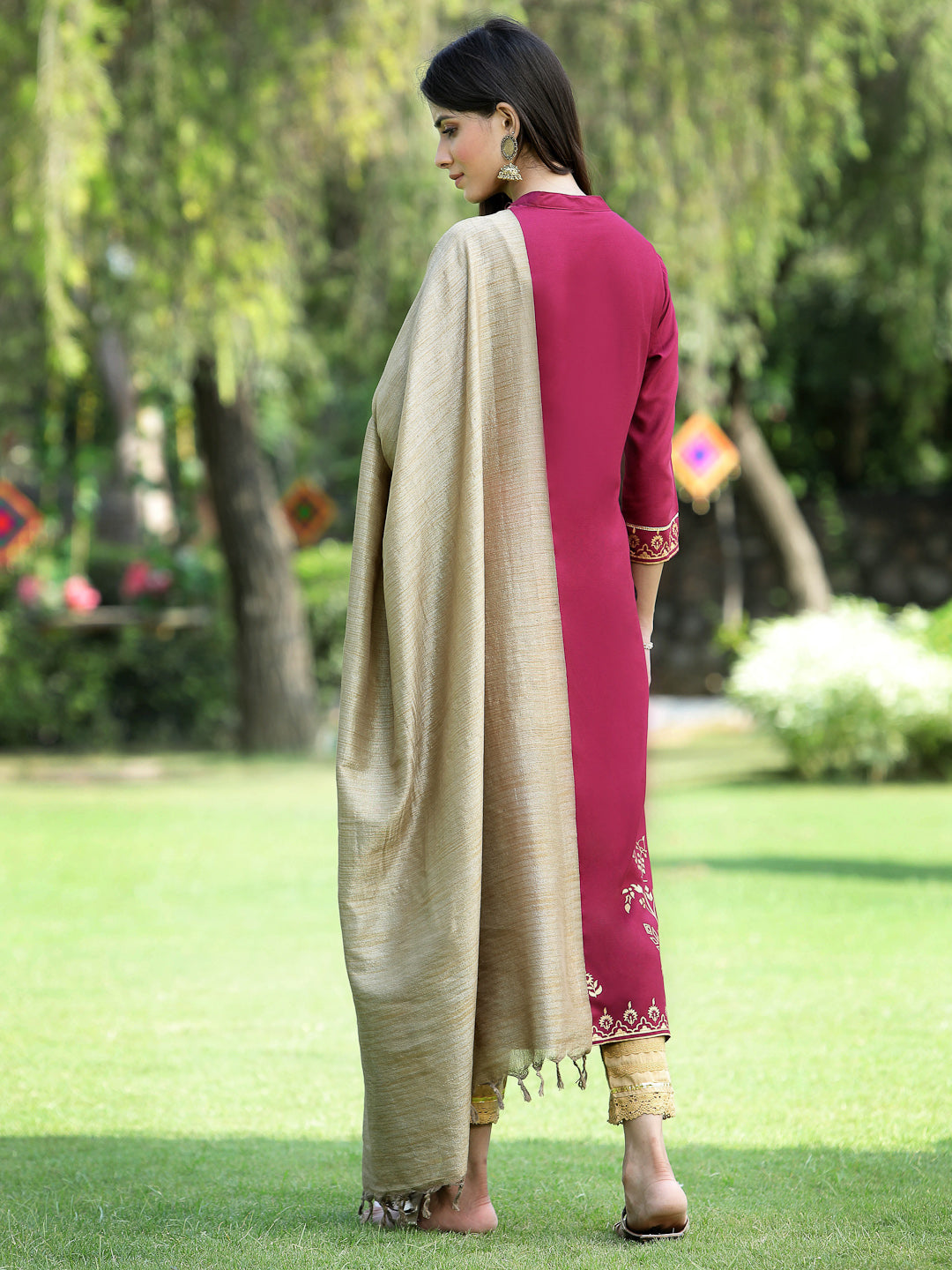 Juniper Womens Wine Color Rayon Foil Printed Kurta With Dupatta Set