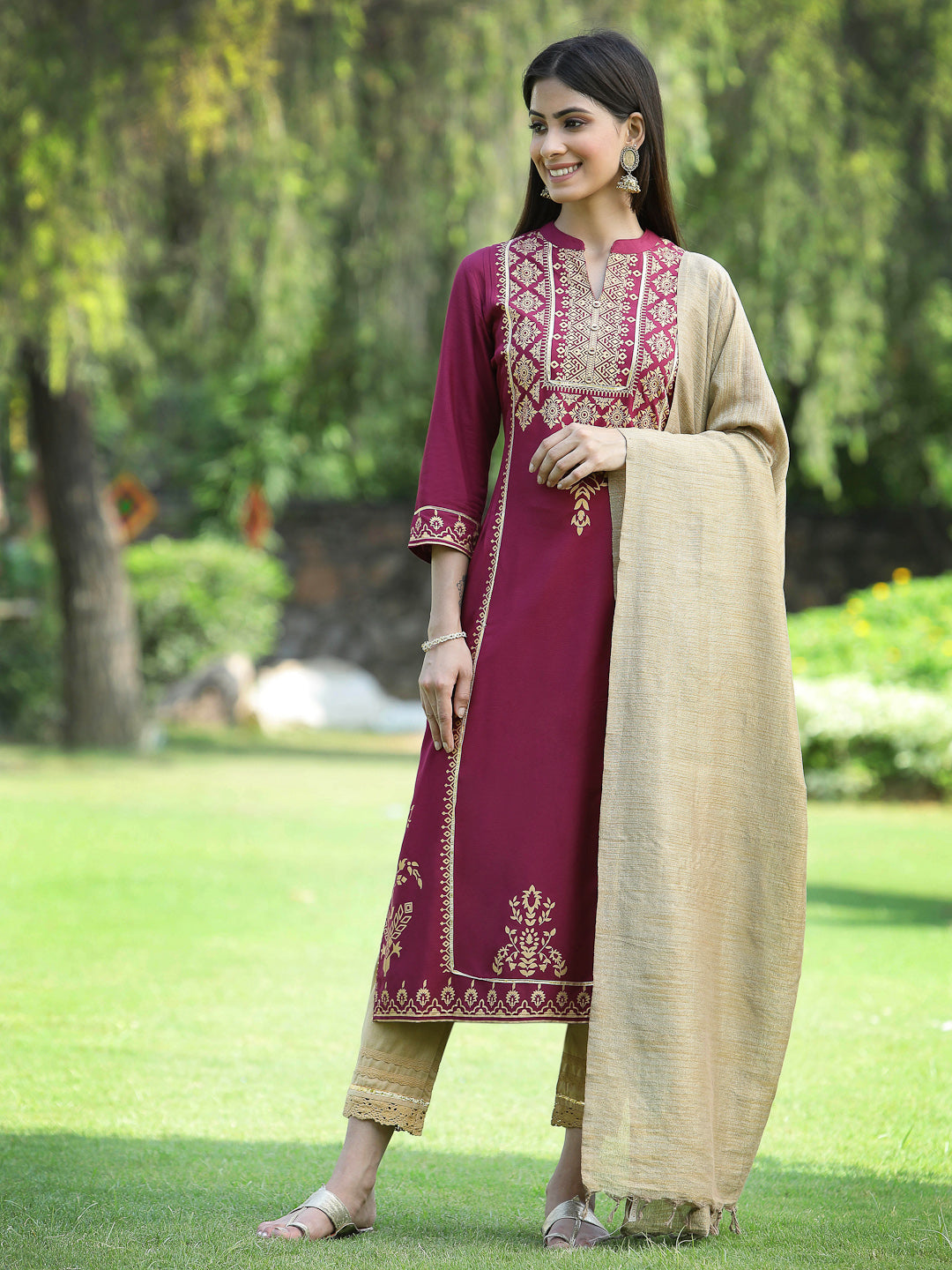 Juniper Womens Wine Color Rayon Foil Printed Kurta With Dupatta Set