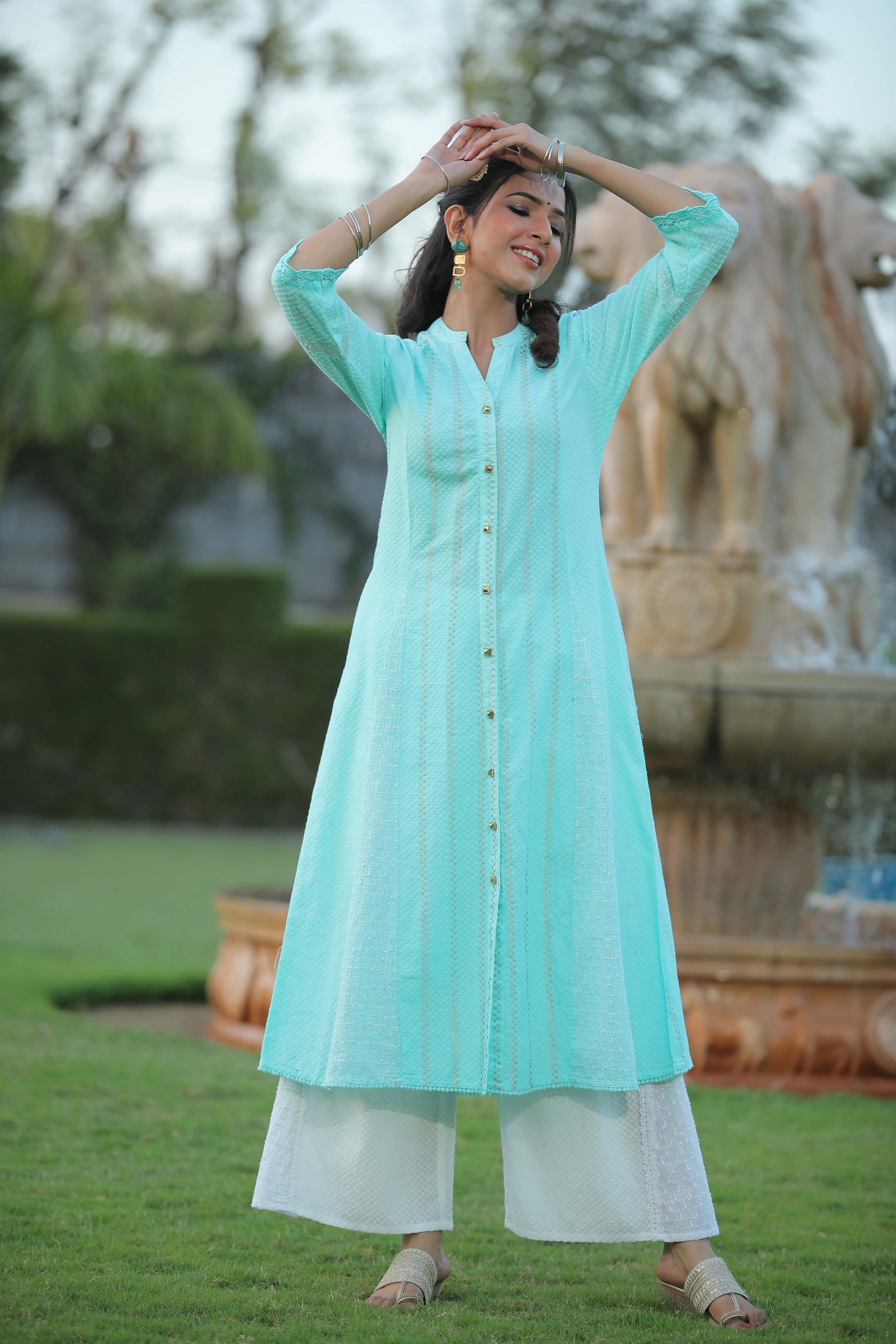 Juniper Women Aqua Cotton Dobby Printed A-Line Kurta