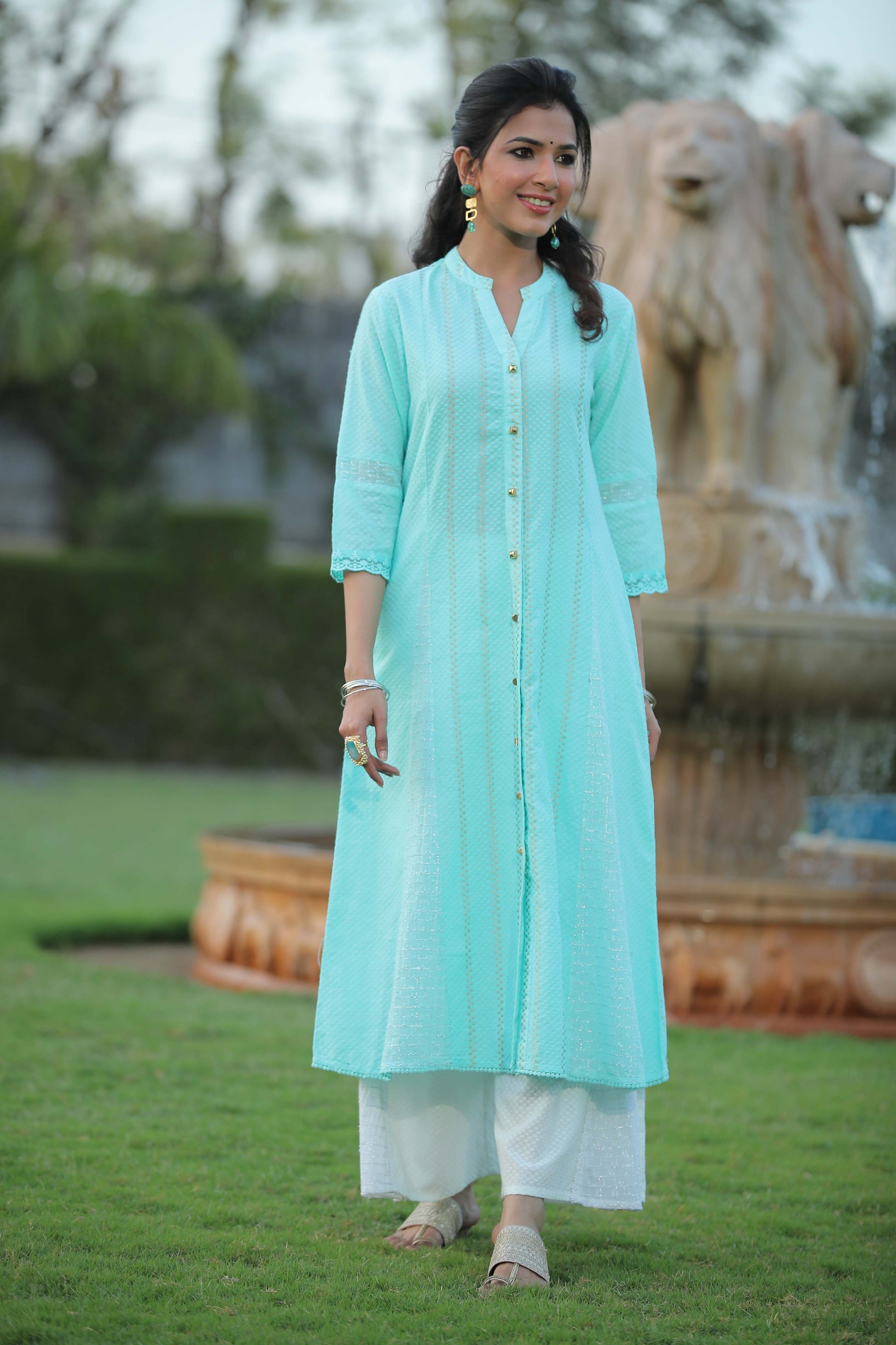 Juniper Women Aqua Cotton Dobby Printed A-Line Kurta