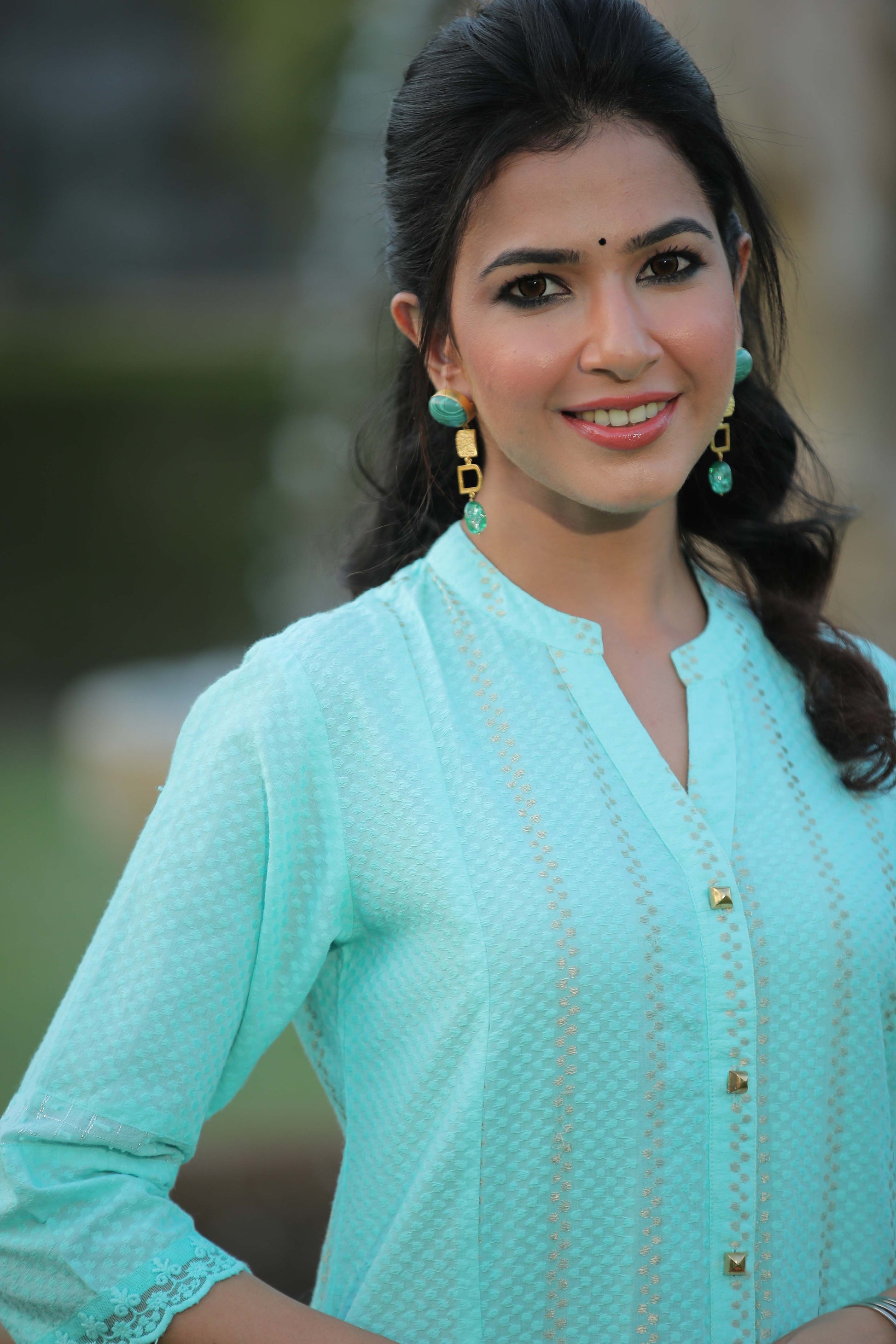 Juniper Women Aqua Cotton Dobby Printed A-Line Kurta