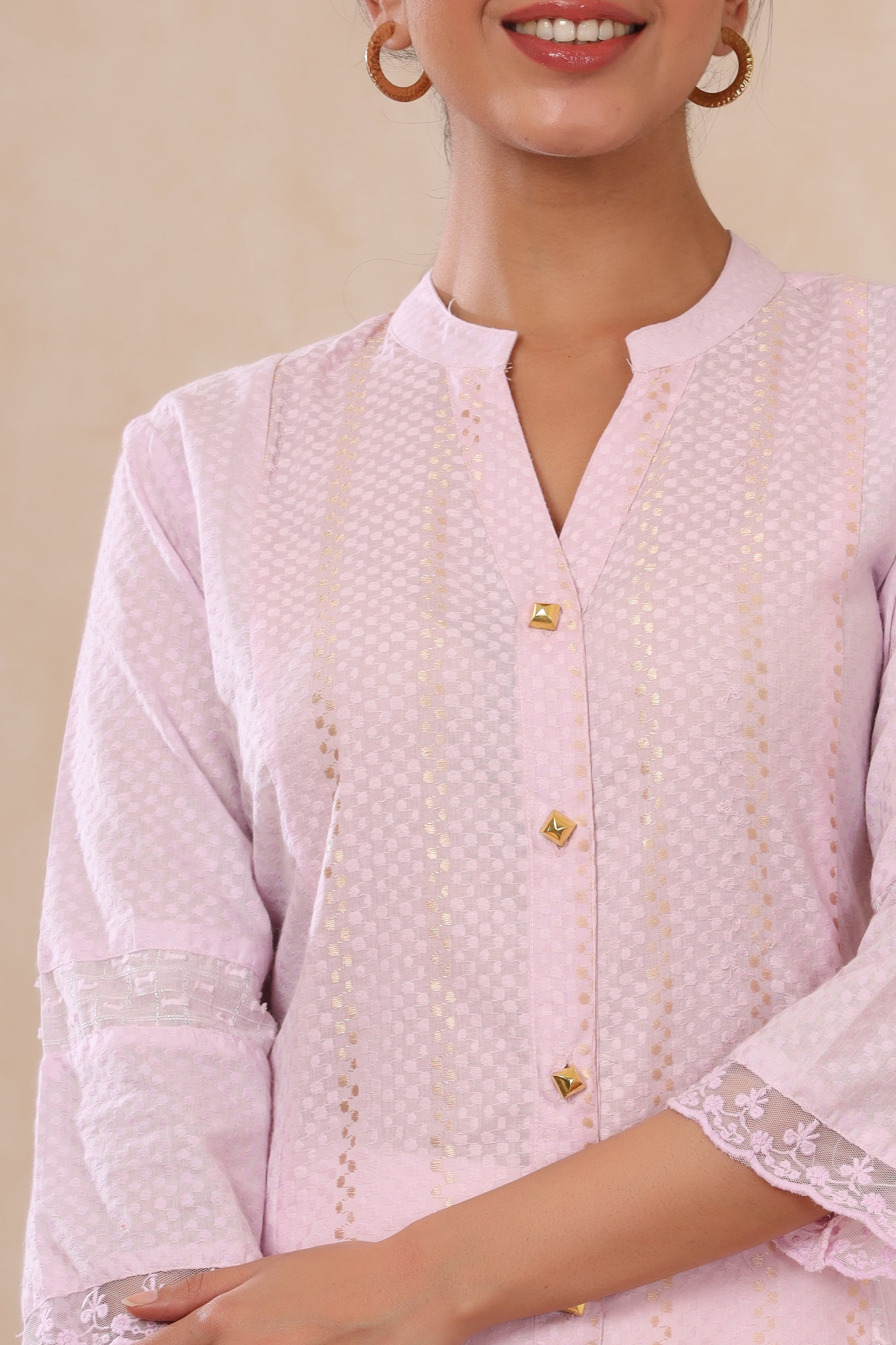 Juniper Women's Purple Cotton Dobby Flared Kurta With Buttons