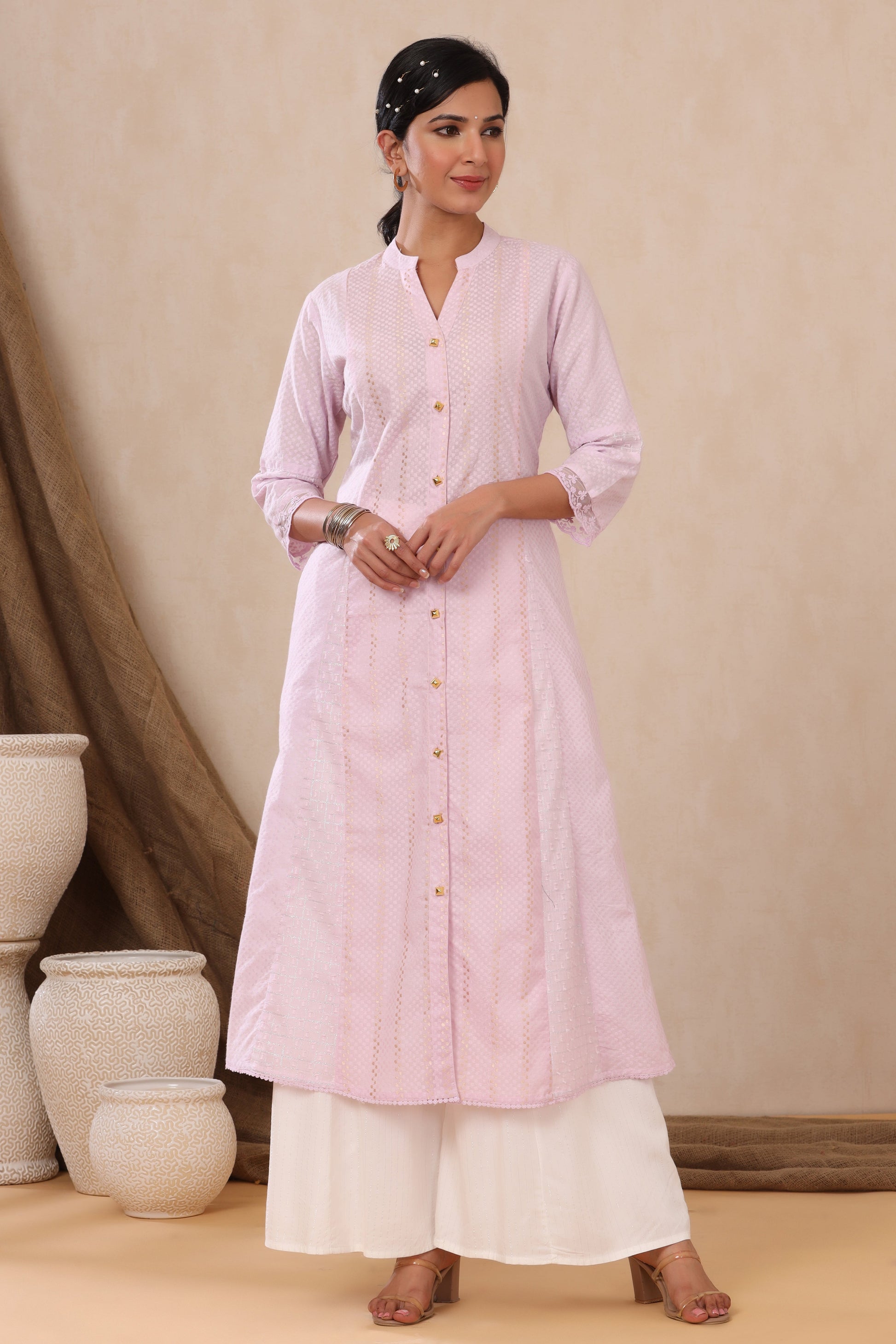 Juniper Women's Purple Cotton Dobby Flared Kurta With Buttons