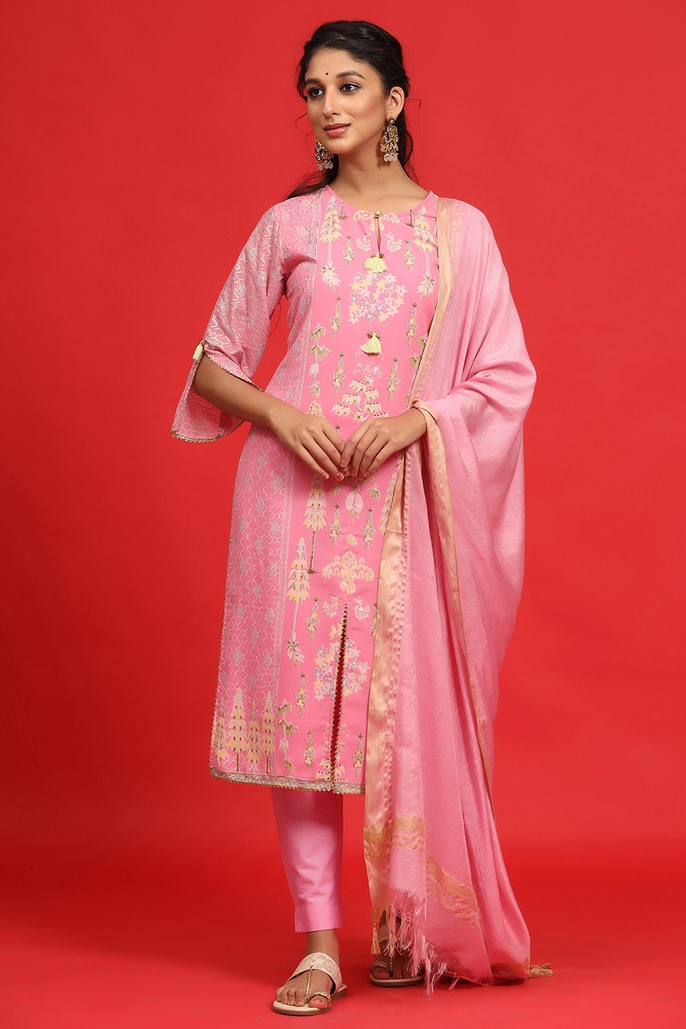 Juniper Women's Pink Georgette Printed A-Line Kurta Sets