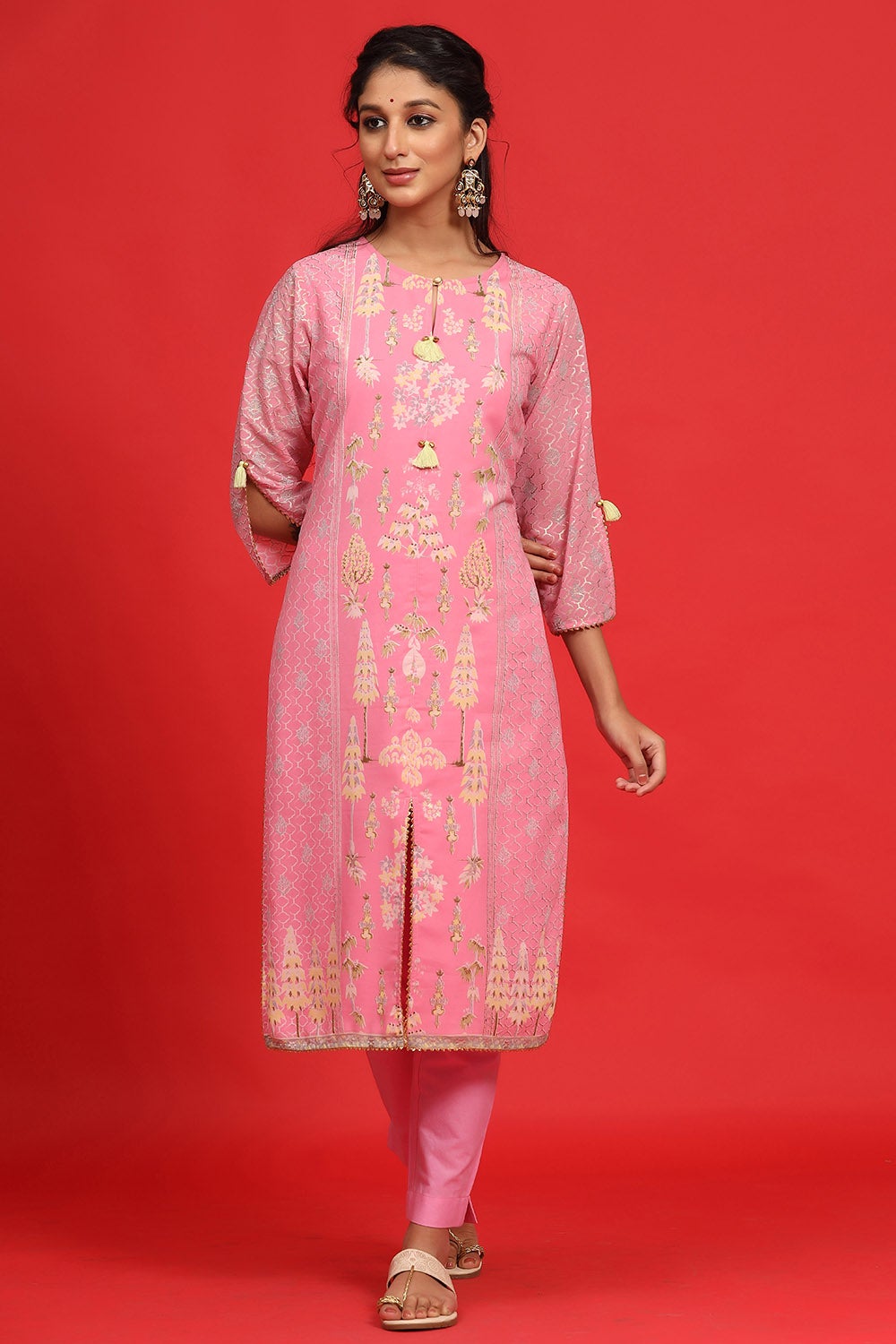 Juniper Women's Pink Georgette Printed A-Line Kurta Sets