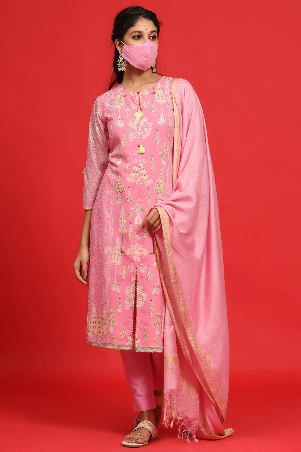 Juniper Women's Pink Georgette Printed A-Line Kurta Sets