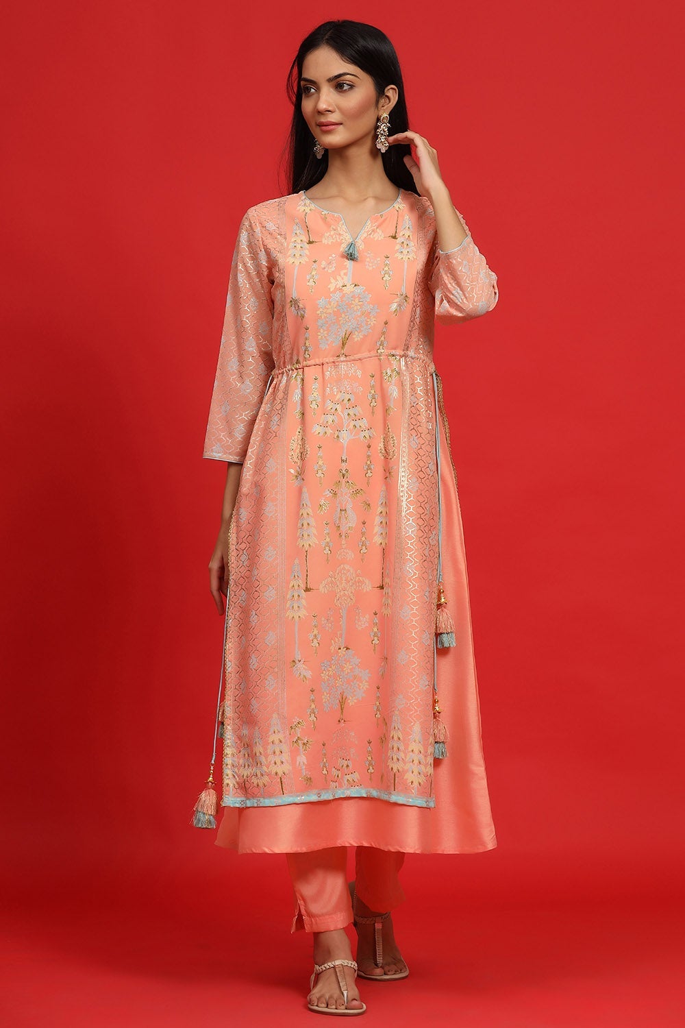 Juniper Women's Orange Georgette Printed Layered Kurta Sets