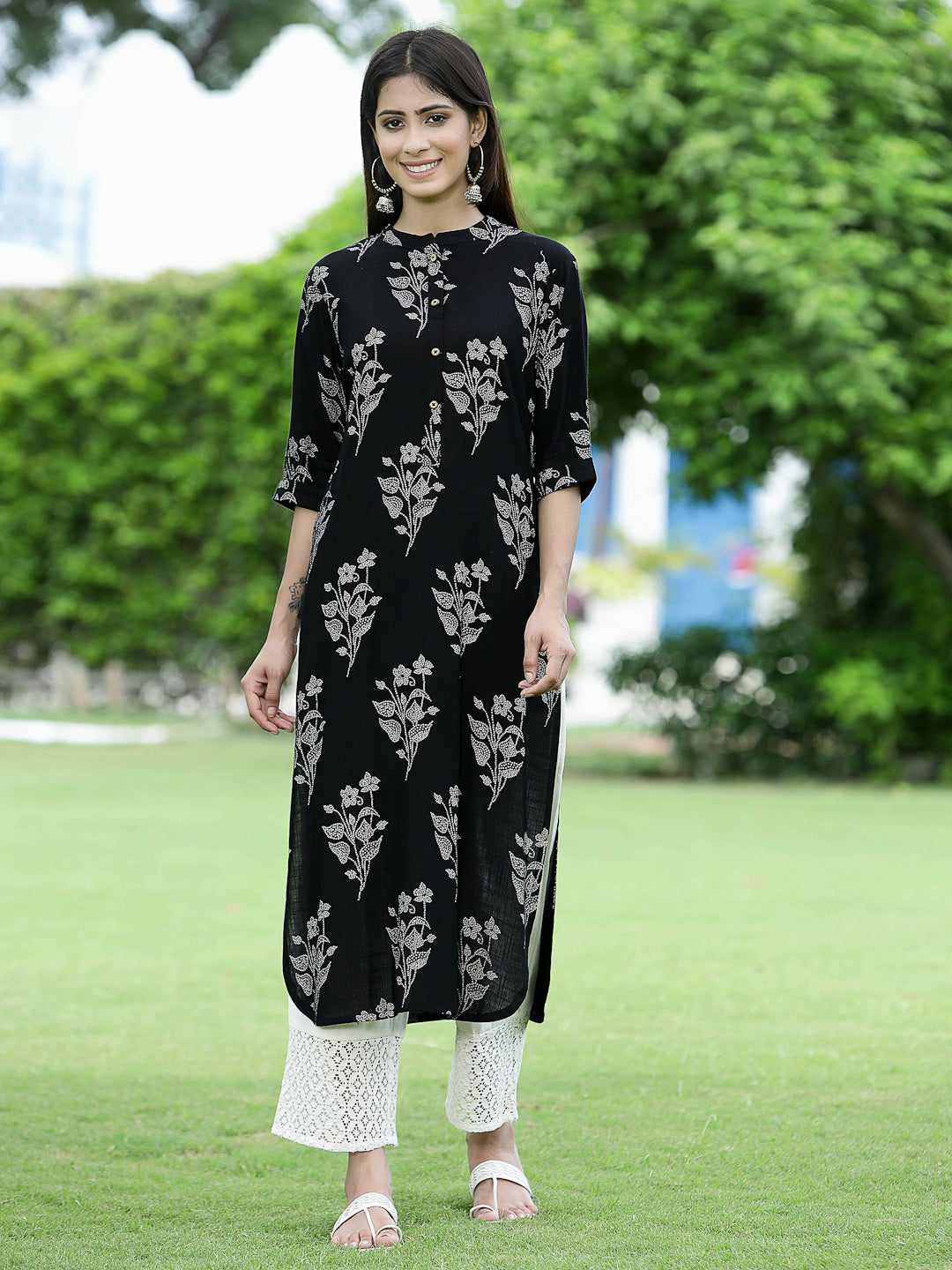 Juniper Womens Black Rayon Slub Printed Straight Kurta | Grab2Buy