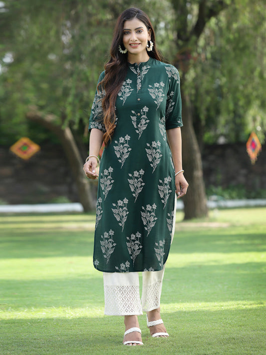 Juniper Womens Jadegreen Rayon Slub Printed Straight Kurta | Grab2Buy