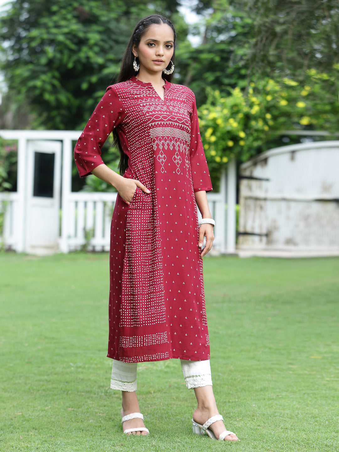 Juniper Womens Maroon Rayon Slub Placement Printed A Line Kurta