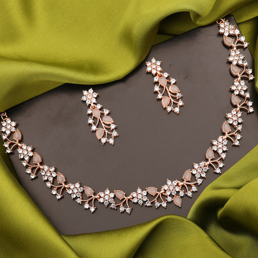 Tehzeeb Creations Rose Gold Pleated White Diamond With Gray Beads Necklace Set Tehzeeb Creations