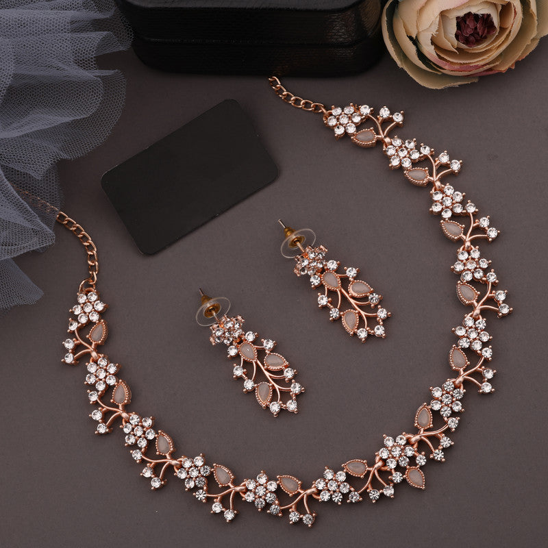 Tehzeeb Creations Rose Gold Pleated White Diamond With Gray Beads Necklace Set Tehzeeb Creations