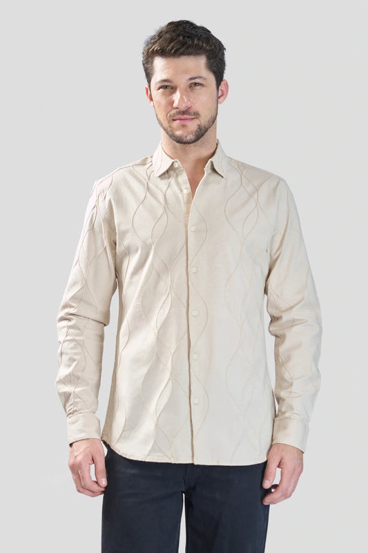 Xkind Beige Embroidery Full Sleeve Slim Fit Shirt  Grab2Buy Xkind Grab2Buy