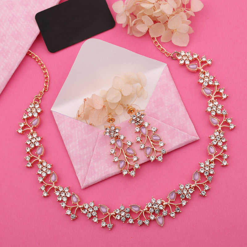 Tehzeeb Creations Rose Gold Pleated White Diamond With Lavender Beads Necklace Set Tehzeeb Creations