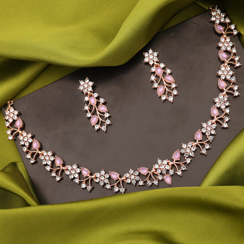 Tehzeeb Creations Rose Gold Pleated White Diamond With Lavender Beads Necklace Set Tehzeeb Creations