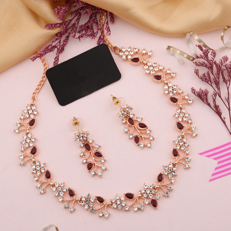 Tehzeeb Creations Rose Gold Pleated White Diamond With Maroon Beads Necklace Set Tehzeeb Creations