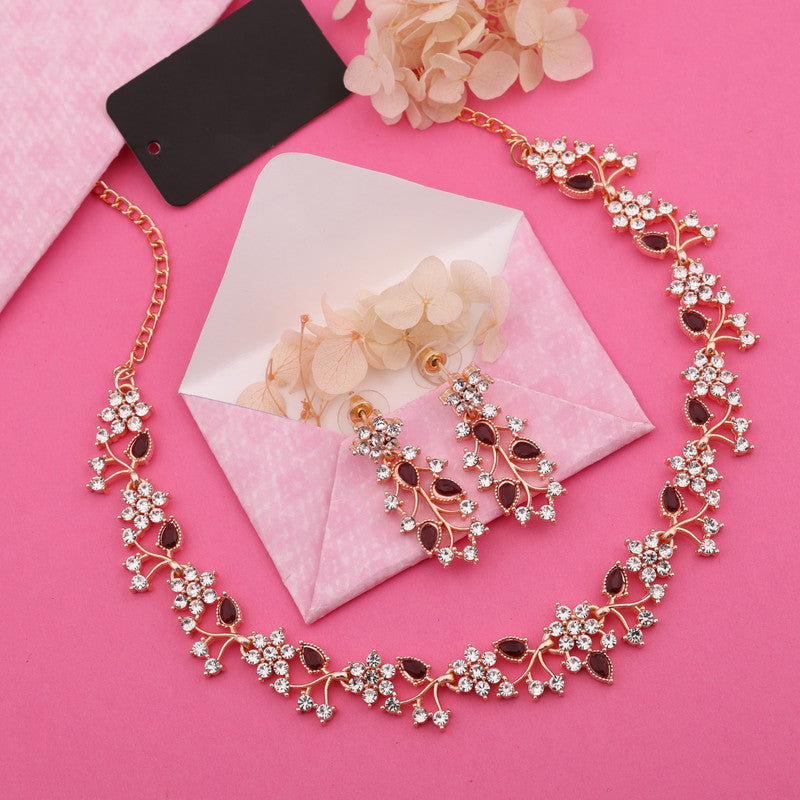 Tehzeeb Creations Rose Gold Pleated White Diamond With Maroon Beads Necklace Set Tehzeeb Creations