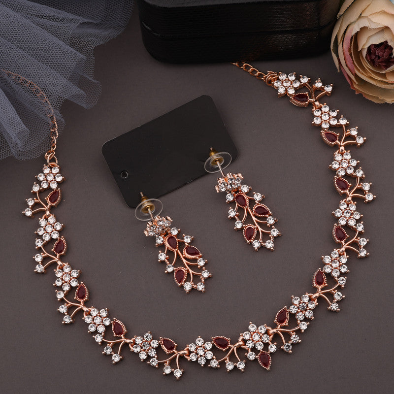 Tehzeeb Creations Rose Gold Pleated White Diamond With Maroon Beads Necklace Set Tehzeeb Creations