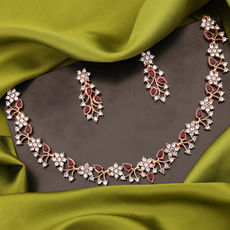 Tehzeeb Creations Rose Gold Pleated White Diamond With Maroon Beads Necklace Set Tehzeeb Creations