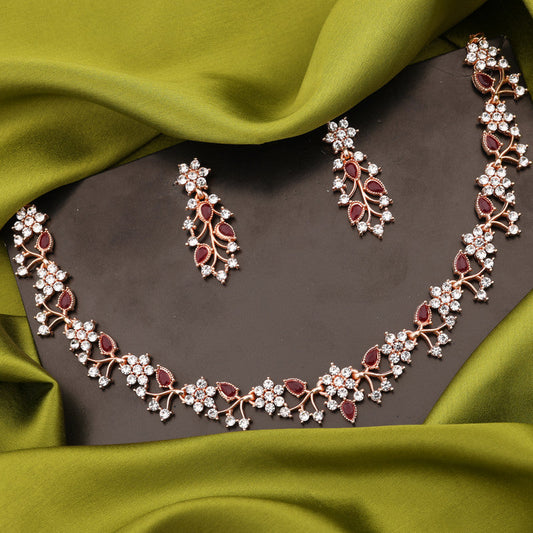 Tehzeeb Creations Rose Gold Pleated White Diamond With Maroon Beads Necklace Set Tehzeeb Creations