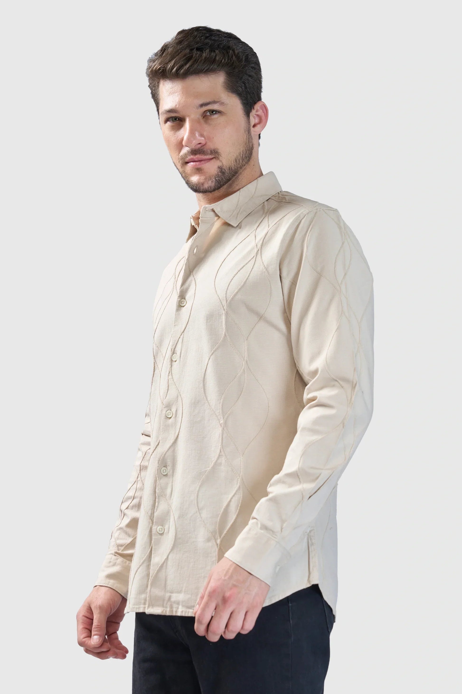 Xkind Beige Embroidery Full Sleeve Slim Fit Shirt  Grab2Buy Xkind Grab2Buy