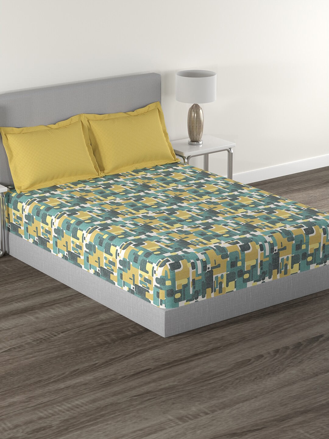 MYTRIDENT Yellow Green Printed Cotton 144 TC Queen Bedsheet With 2 Pillow Covers 