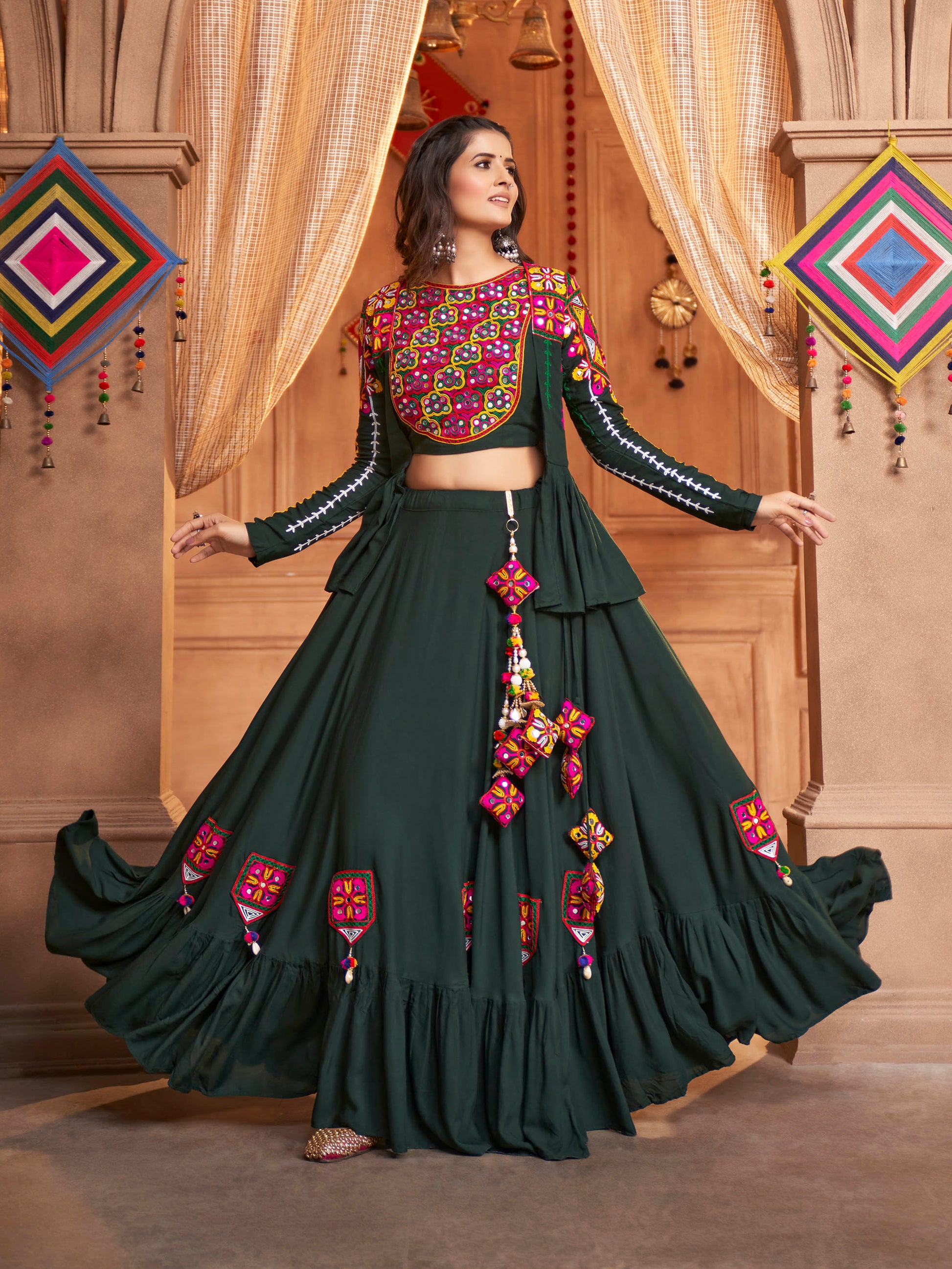 Myra Green Koti Style Viscose Rayon Embroidered Designer Navratri Special Lehenga