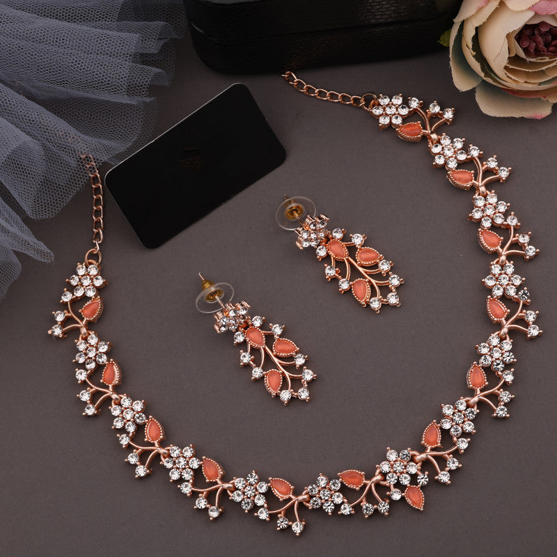 Tehzeeb Creations Rose Gold Pleated White Diamond With Orange Beads Necklace Set Tehzeeb Creations