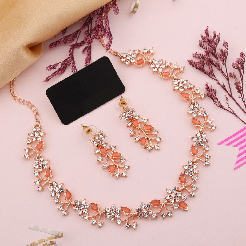 Tehzeeb Creations Rose Gold Pleated White Diamond With Orange Beads Necklace Set Tehzeeb Creations