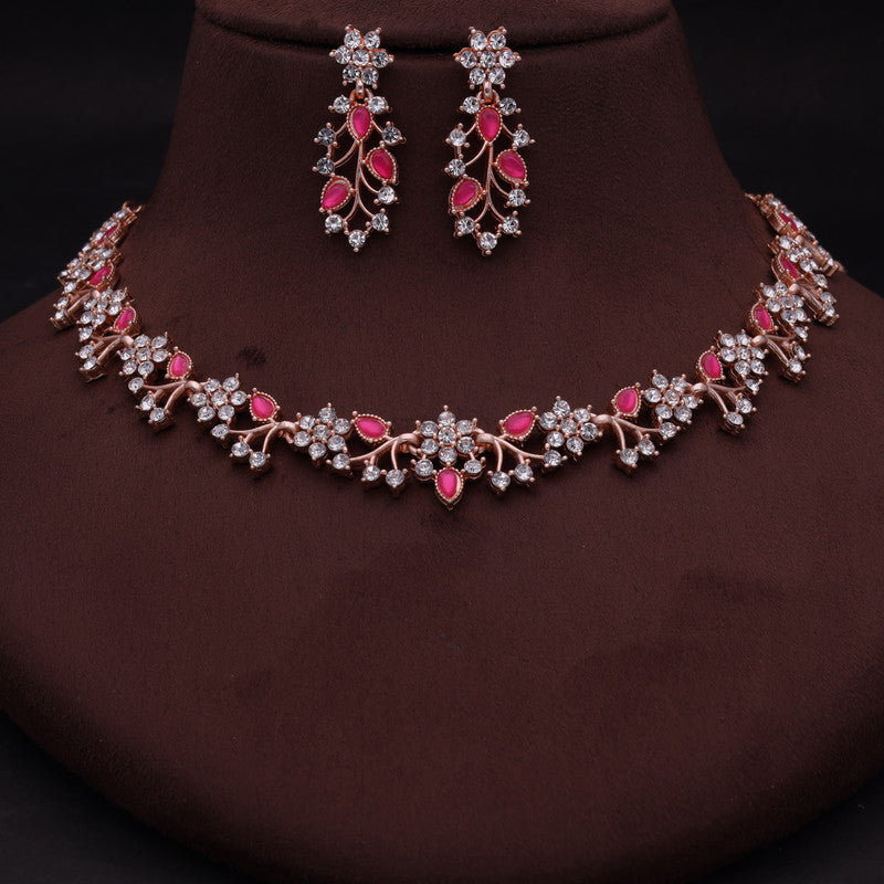 Tehzeeb Creations Rose Gold Pleated White Diamond With Pink Beads Necklace Set Tehzeeb Creations