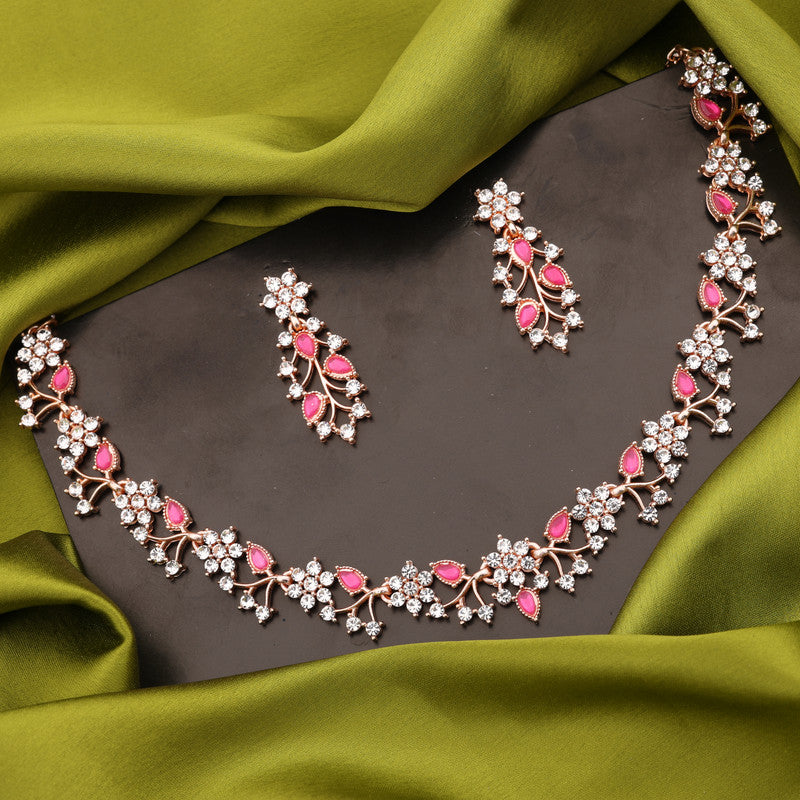 Tehzeeb Creations Rose Gold Pleated White Diamond With Pink Beads Necklace Set Tehzeeb Creations
