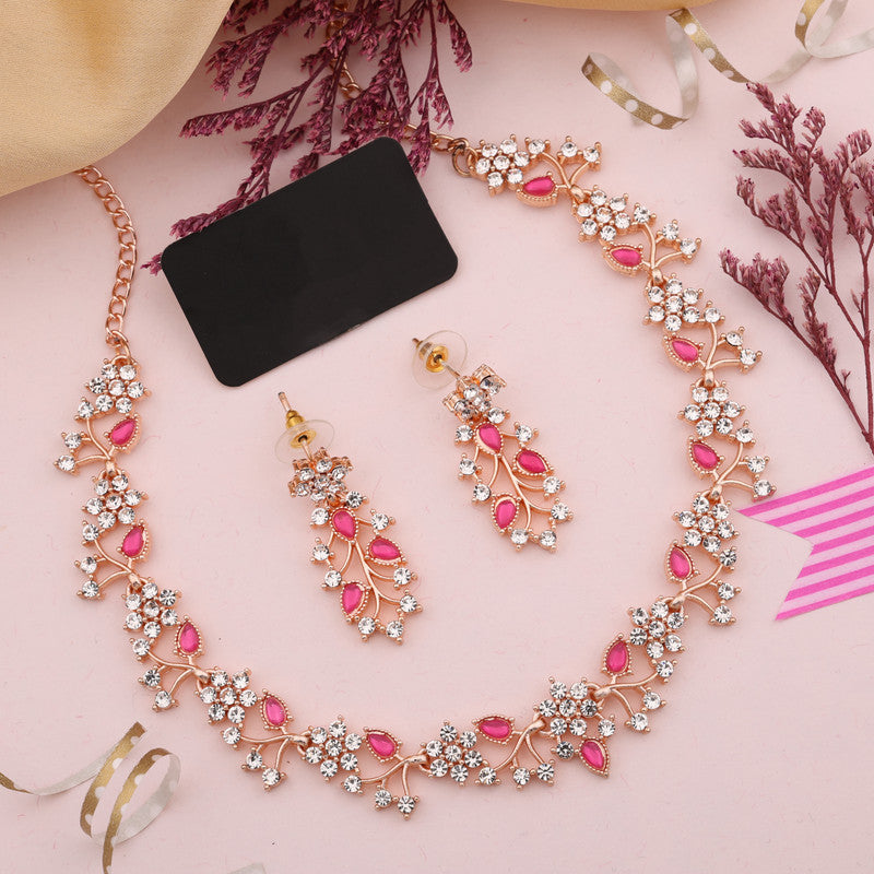 Tehzeeb Creations Rose Gold Pleated White Diamond With Pink Beads Necklace Set Tehzeeb Creations