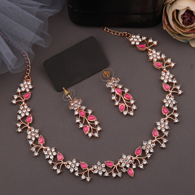 Tehzeeb Creations Rose Gold Pleated White Diamond With Pink Beads Necklace Set Tehzeeb Creations