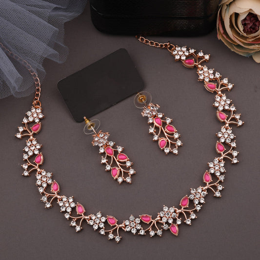 Tehzeeb Creations Rose Gold Pleated White Diamond With Pink Beads Necklace Set Tehzeeb Creations