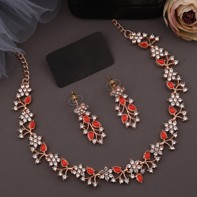 Tehzeeb Creations Rose Gold Pleated White Diamond With Red Beads Necklace Set Tehzeeb Creations