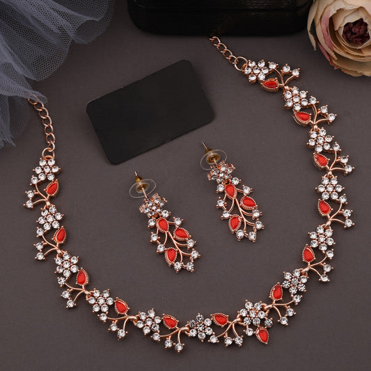 Tehzeeb Creations Rose Gold Pleated White Diamond With Red Beads Necklace Set Tehzeeb Creations