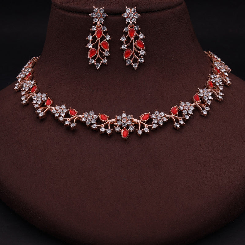 Tehzeeb Creations Rose Gold Pleated White Diamond With Red Beads Necklace Set Tehzeeb Creations