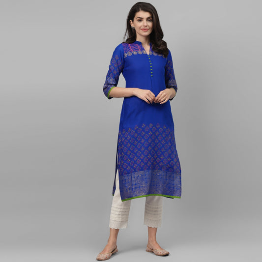 Maai Rayon Hand Printed Kurta Blue