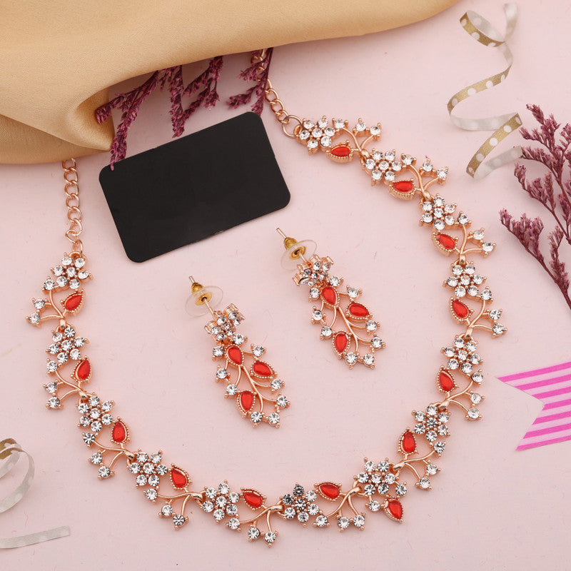 Tehzeeb Creations Rose Gold Pleated White Diamond With Red Beads Necklace Set Tehzeeb Creations
