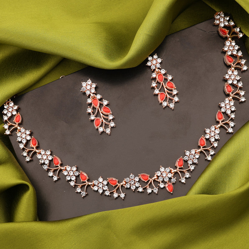 Tehzeeb Creations Rose Gold Pleated White Diamond With Red Beads Necklace Set Tehzeeb Creations