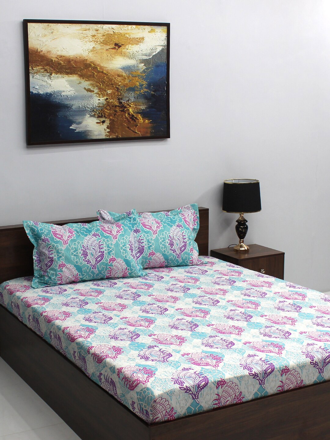 BOMBAY DYEING Pink & Blue Ethnic Motifs Cotton 110 TC Queen Bedsheet With 2 Pillow Covers | Grab2Buy