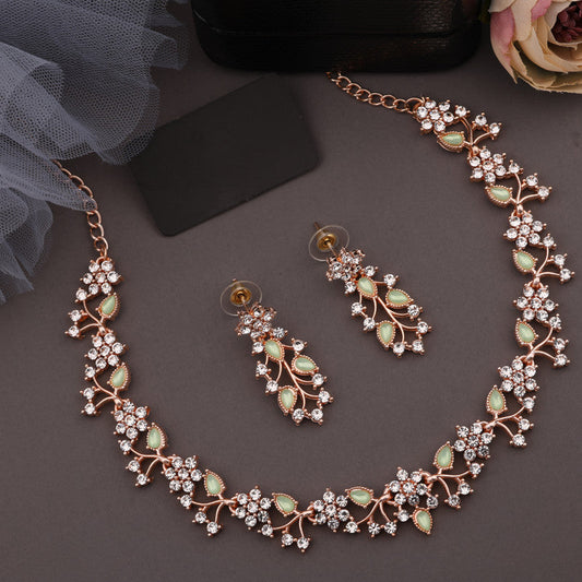 Tehzeeb Creations Rose Gold Pleated White Diamond With Sea Green Beads Necklace Set Tehzeeb Creations