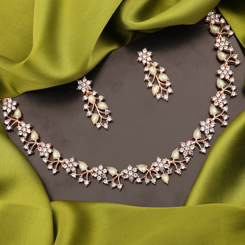 Tehzeeb Creations Rose Gold Pleated White Diamond With Sea Green Beads Necklace Set Tehzeeb Creations