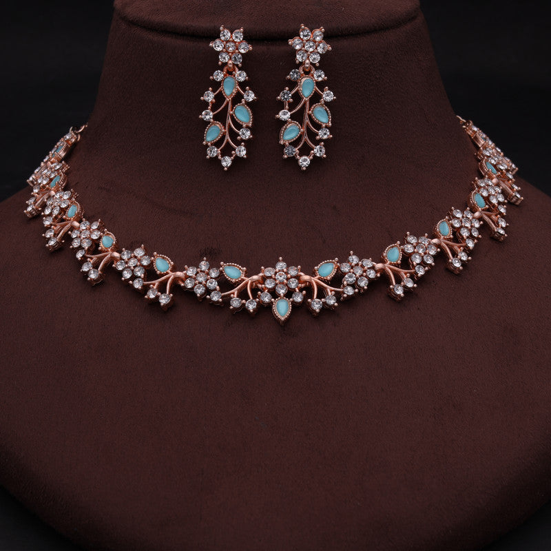 Tehzeeb Creations Rose Gold Pleated White Diamond With Sky Blue Beads Necklace Set Tehzeeb Creations