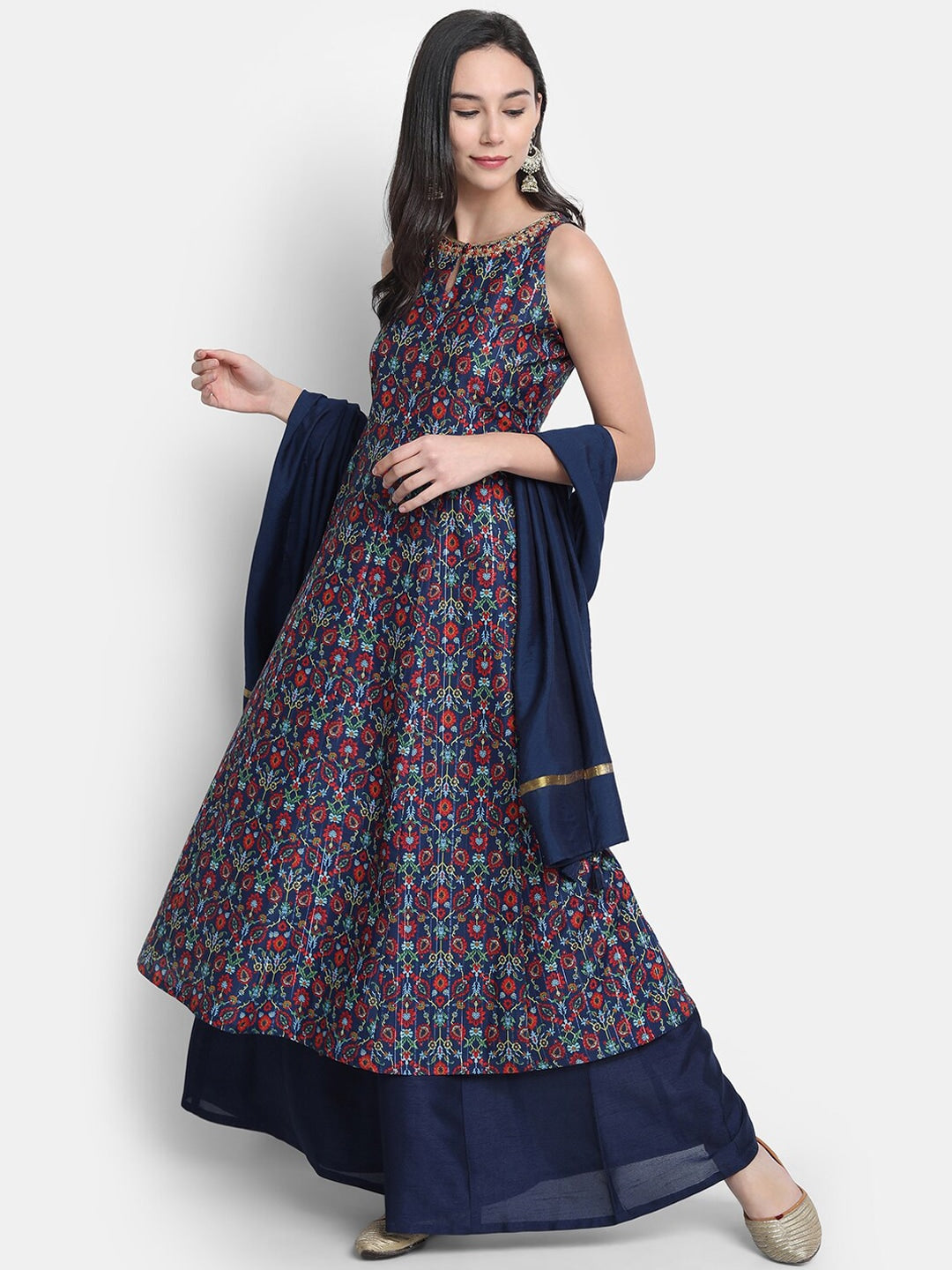 Janasya Women Blue Printed Kurta with Palazzos & Dupatta