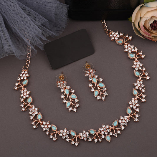 Tehzeeb Creations Rose Gold Pleated White Diamond With Sky Blue Beads Necklace Set Tehzeeb Creations