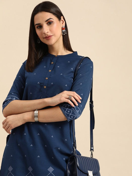 Anouk Women Mandarin Collar Bandhani Printed Indigo Kurta | Grab2Buy