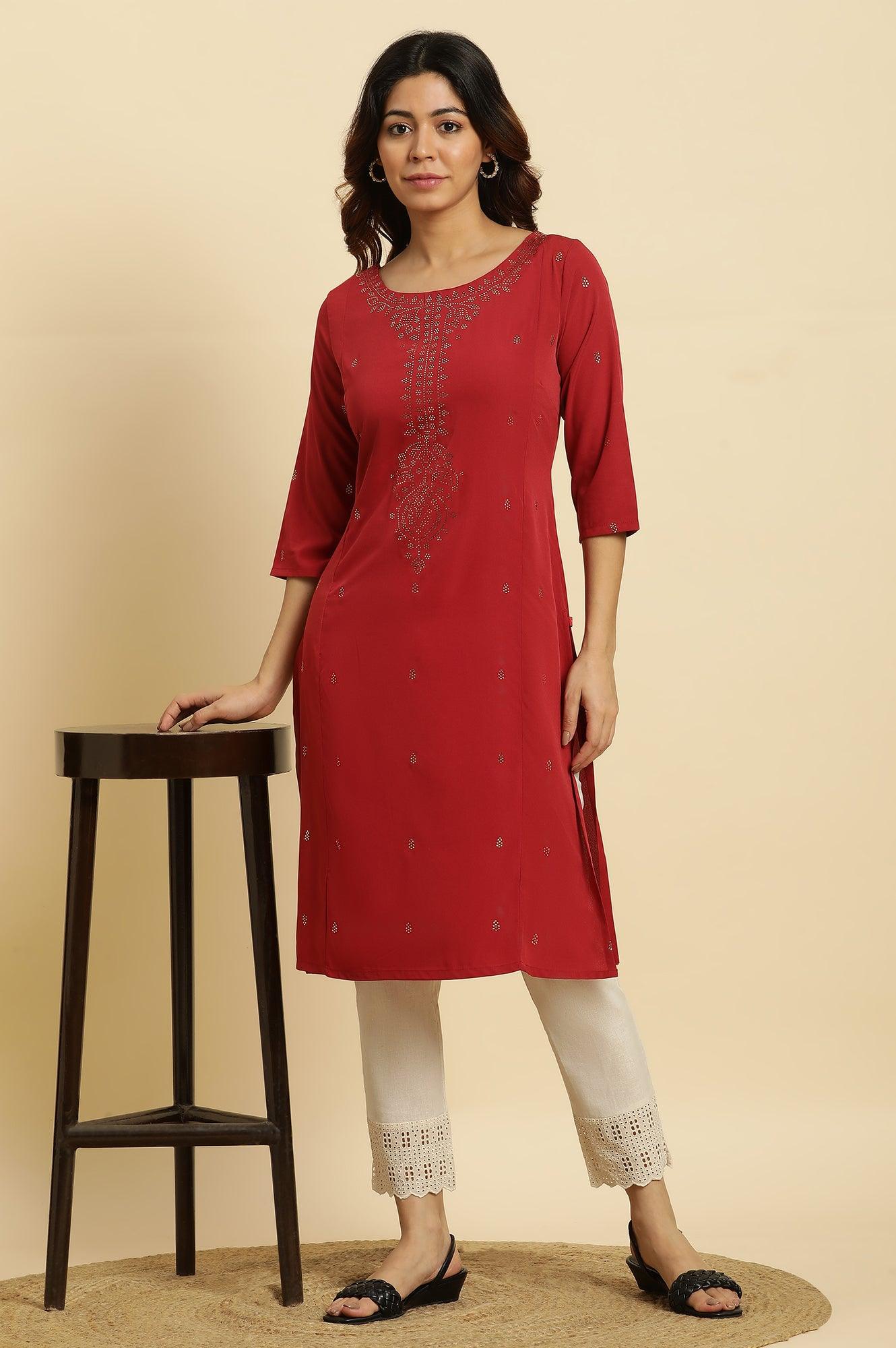 W for Woman Red Mukaish Printed Festive Straight Kurta