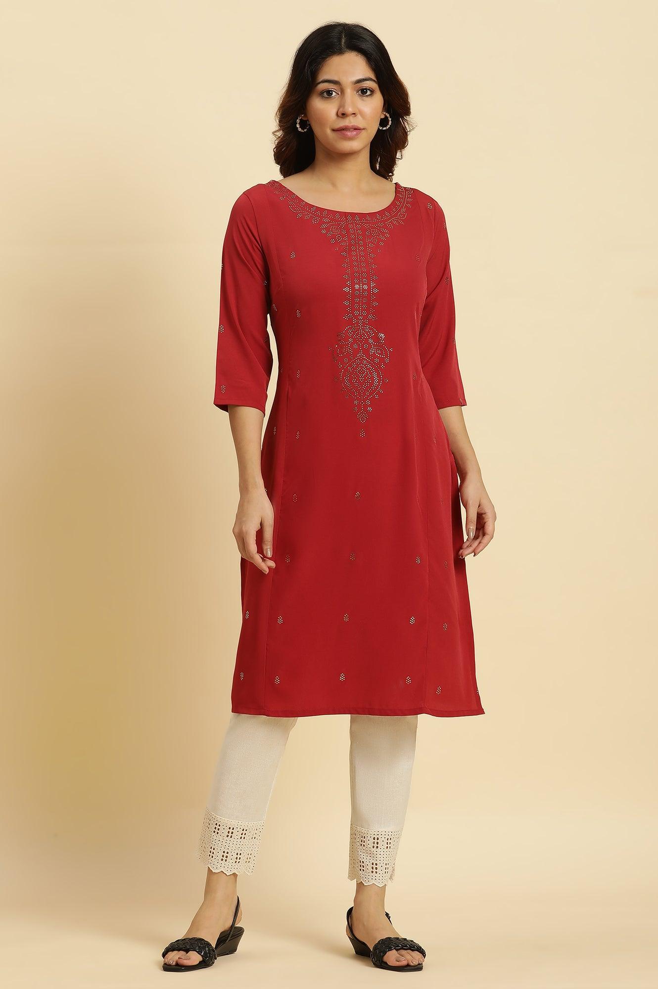W for Woman Red Mukaish Printed Festive Straight Kurta