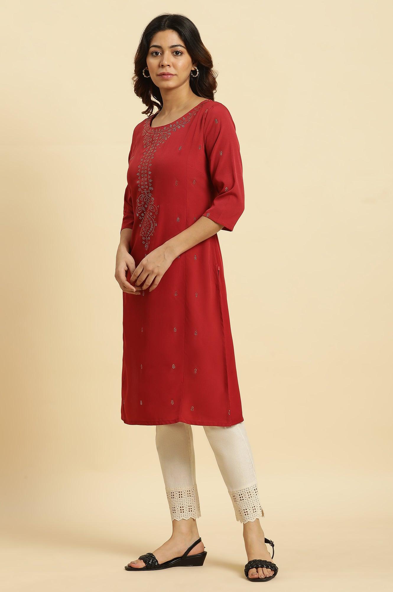 W for Woman Red Mukaish Printed Festive Straight Kurta